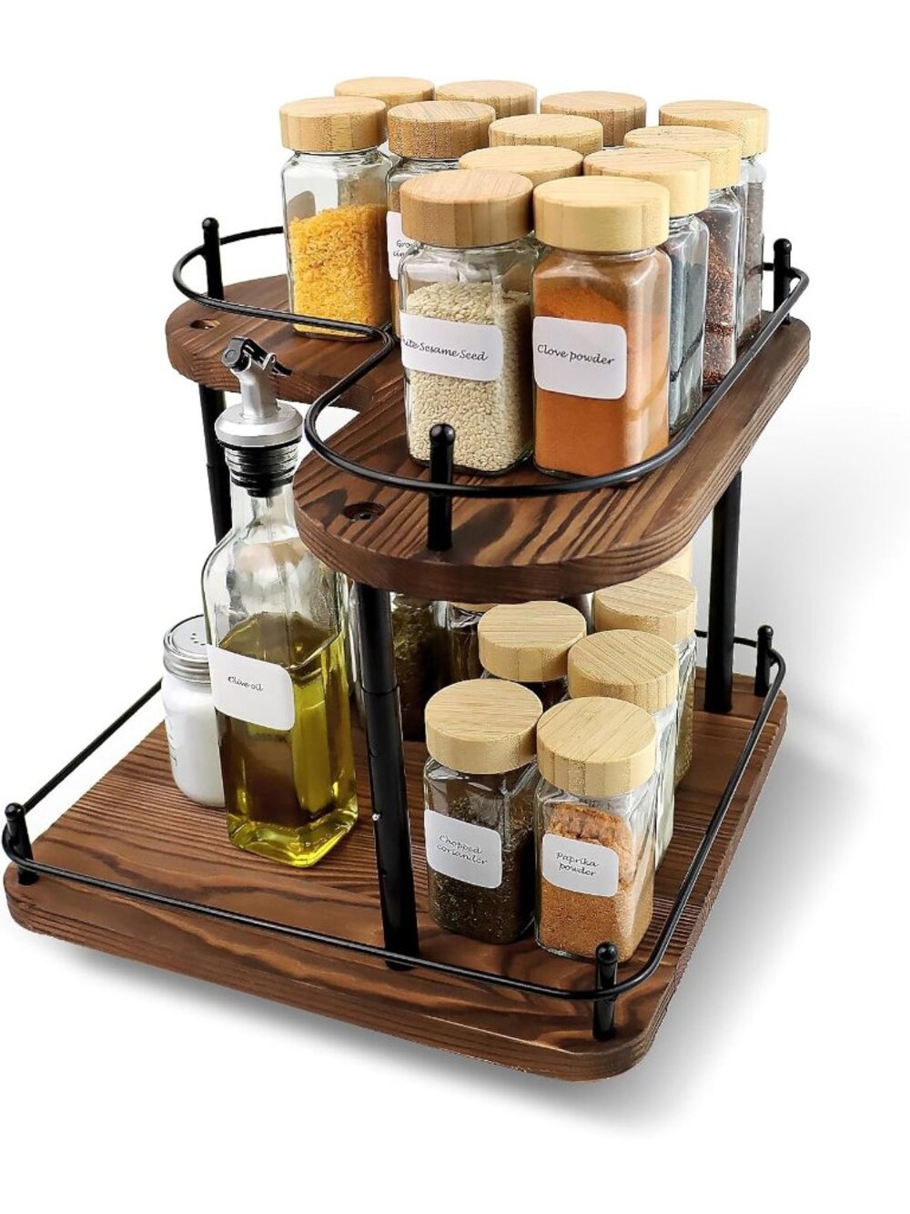 New 2 Tier Pine Wood Spice Rack 360 Rotating Lazy Susan 11.8 in Shelf Tray